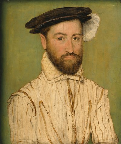 Porträt eines bärtigen Gentlemans, in einem schwarzen Barett mit weißer Feder von Corneille de Lyon
